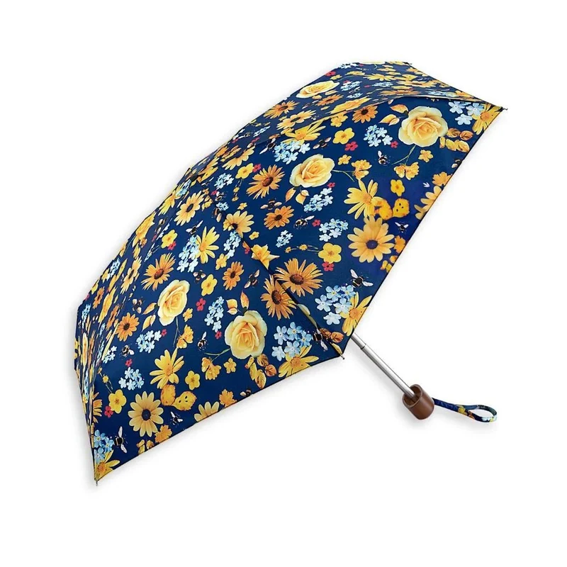 Fulton Tiny Compact Folding Umbrella - Bumble Bee Floral | Pocket Size 15cm | Wooden Handle