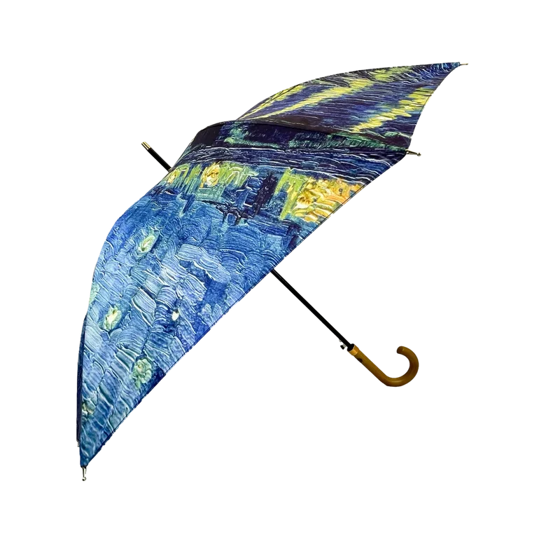 StormKing Auto Walking Artist Umbrella - Van Gogh Over the Rhône | Fibreglass Frame | Wood Handle | 100cm