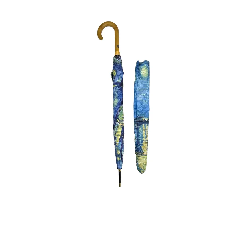 StormKing Auto Walking Artist Umbrella - Van Gogh Over the Rhône | Fibreglass Frame | Wood Handle | 100cm