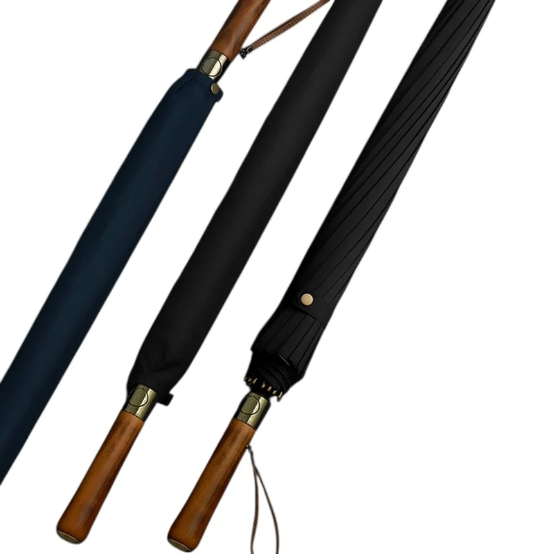 Didsbury Auto 16-Rib Walking Umbrella | Straight Wood Handle | 110cm Canopy | Colour-Match Sleeve