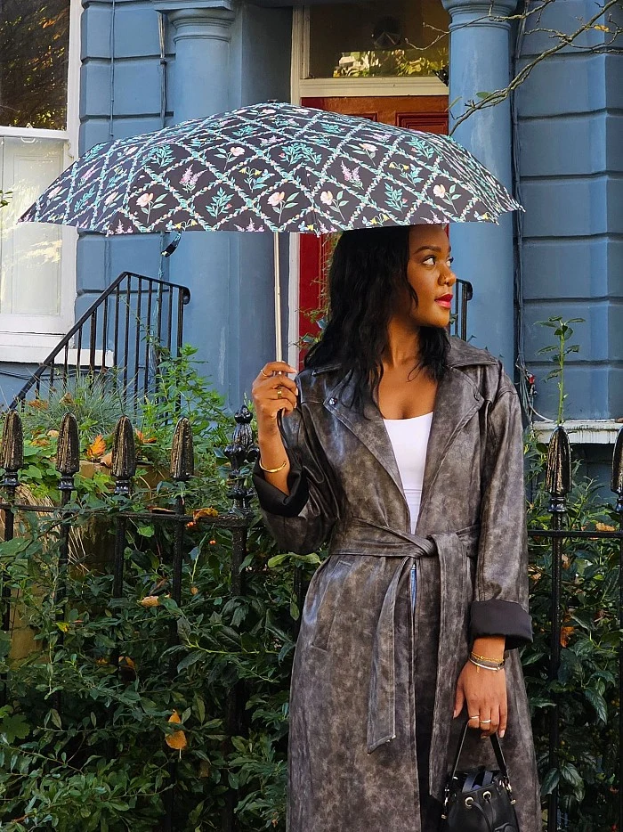 Fulton Minilite Folding Umbrella - Cottage Garden | Wooden Handle | Compact and Wind Resistant