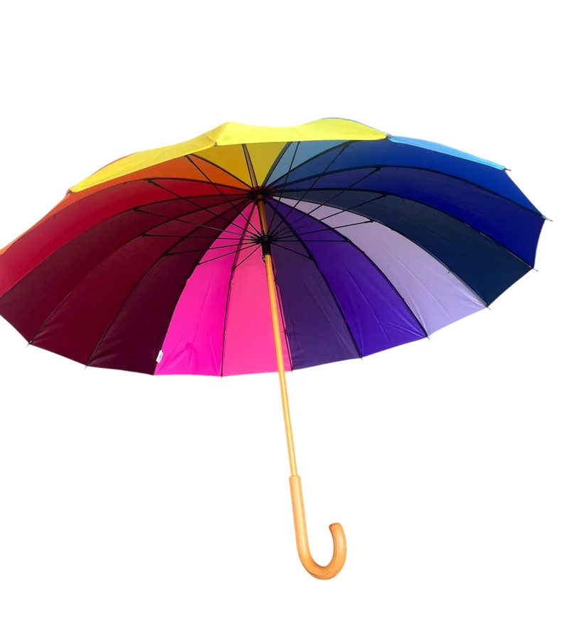 Rainbow Walking Umbrella | Wood Hook Handle | 16 Ribs | 16-Panel Rainbow Canopy | 105cm