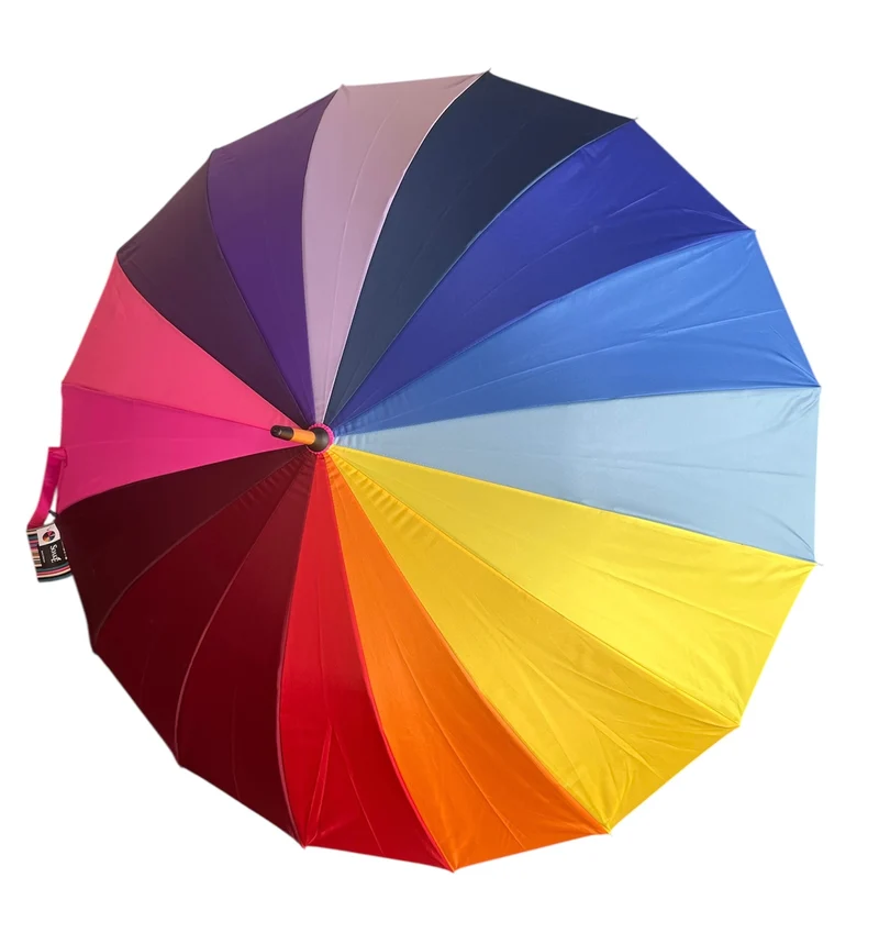 Rainbow Walking Umbrella | Wood Hook Handle | 16 Ribs | 16-Panel Rainbow Canopy | 105cm