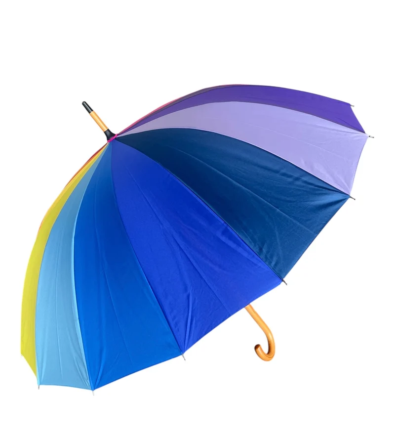 Rainbow Walking Umbrella | Wood Hook Handle | 16 Ribs | 16-Panel Rainbow Canopy | 105cm
