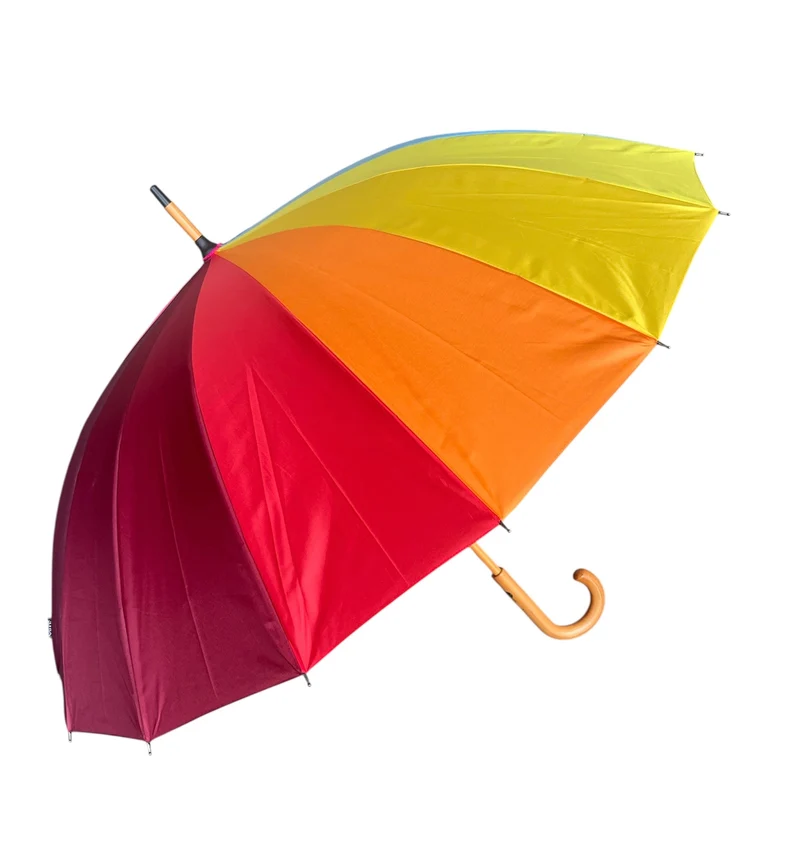 Rainbow Walking Umbrella | Wood Hook Handle | 16 Ribs | 16-Panel Rainbow Canopy | 105cm