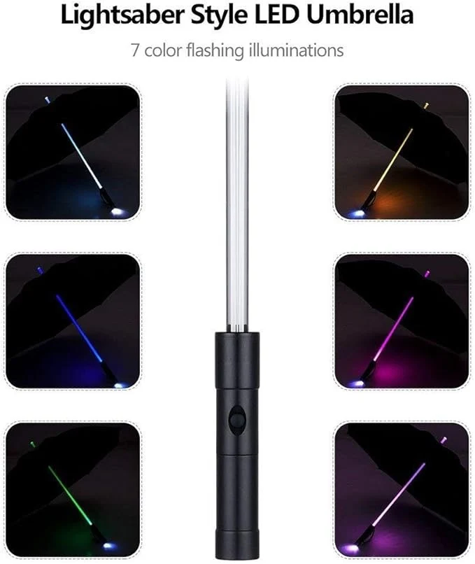 Lightsaber LED Torch Walking Umbrella - Black | 7-Colour Light-Up Shaft | Flashlight Handle