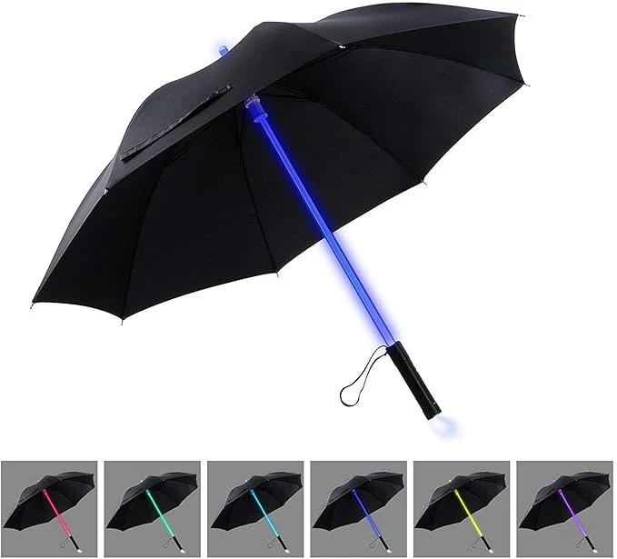 Lightsaber LED Torch Walking Umbrella - Black | 7-Colour Light-Up Shaft | Flashlight Handle