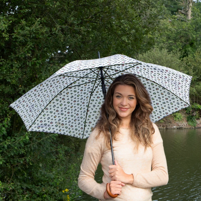 Totes ECO Automatic Walking Umbrella - Bright Animal Print | Wood Crook Handle | ECO Recycled Fabric