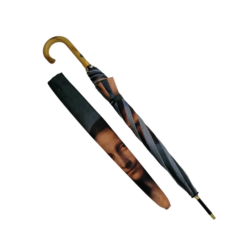 StormKing Auto Walking Artist Umbrella - Da Vinci Mona Lisa | Fibreglass Frame | Wood Handle | 100cm