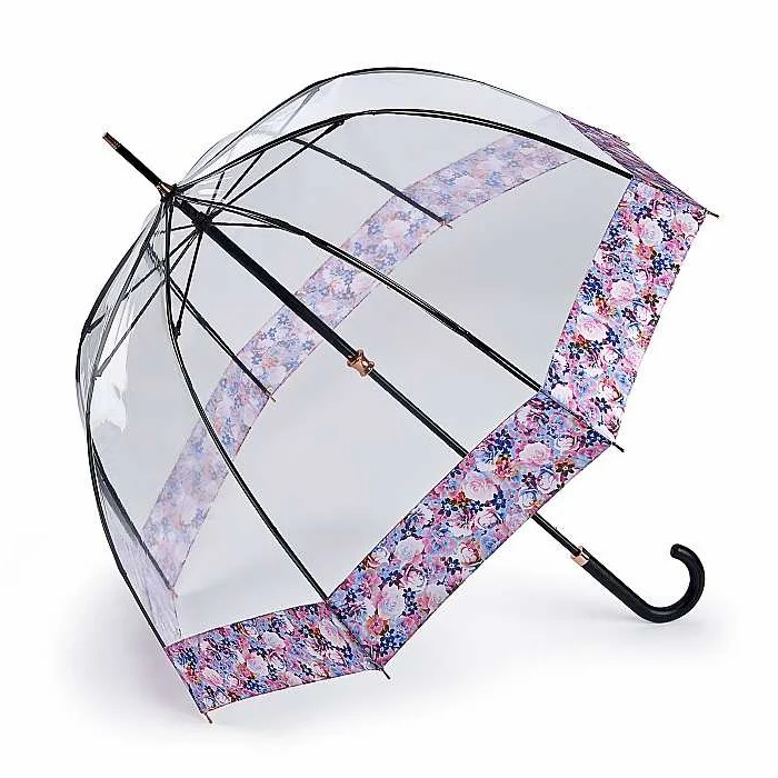 Fulton Birdcage Luxe Clear Dome Umbrella - Digital Blossom | Premium Fabric Border | Wind Resistant