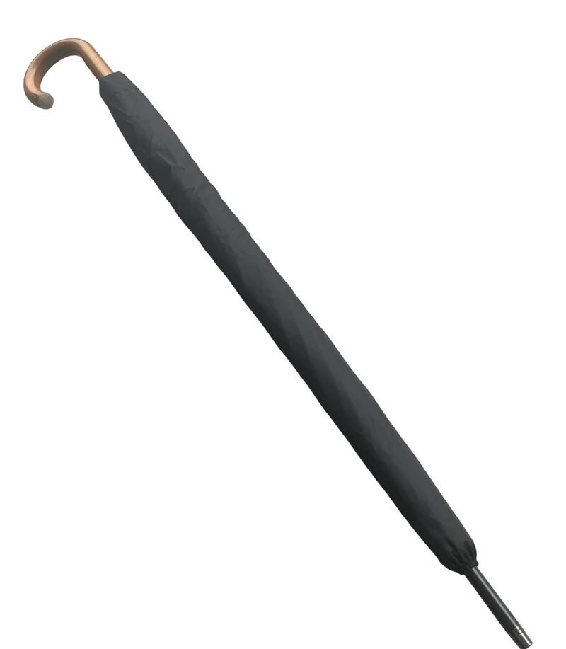 Classic Malacca Auto Wood Hook Walking Umbrella - Black | Fibreglass Ribs | 108cm Canopy | Sleeve