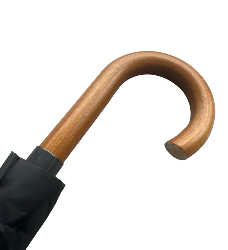 Classic Malacca Auto Wood Hook Walking Umbrella - Black | Fibreglass Ribs | 108cm Canopy | Sleeve