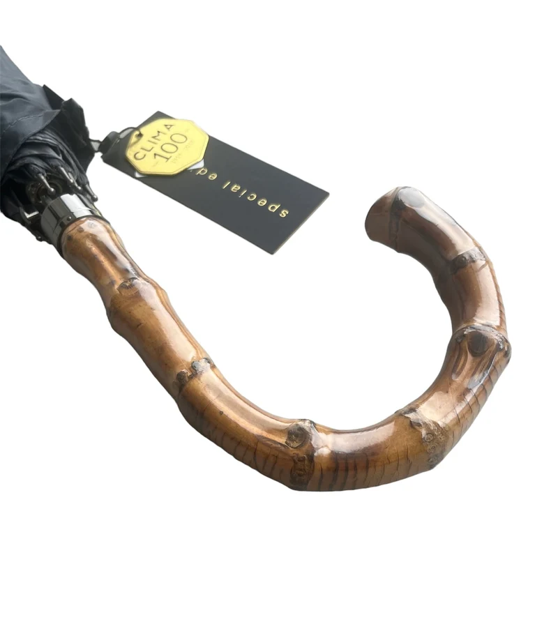 Luxury Auto Bamboo Wood Hook Walking Umbrella - Gun Metal | Teflon Coated | 10 Ribs | 114cm