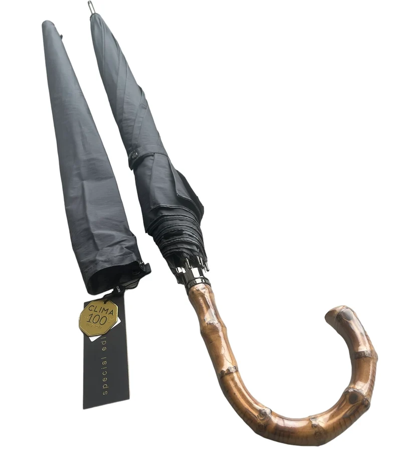 Luxury Auto Bamboo Wood Hook Walking Umbrella - Gun Metal | Teflon Coated | 10 Ribs | 114cm