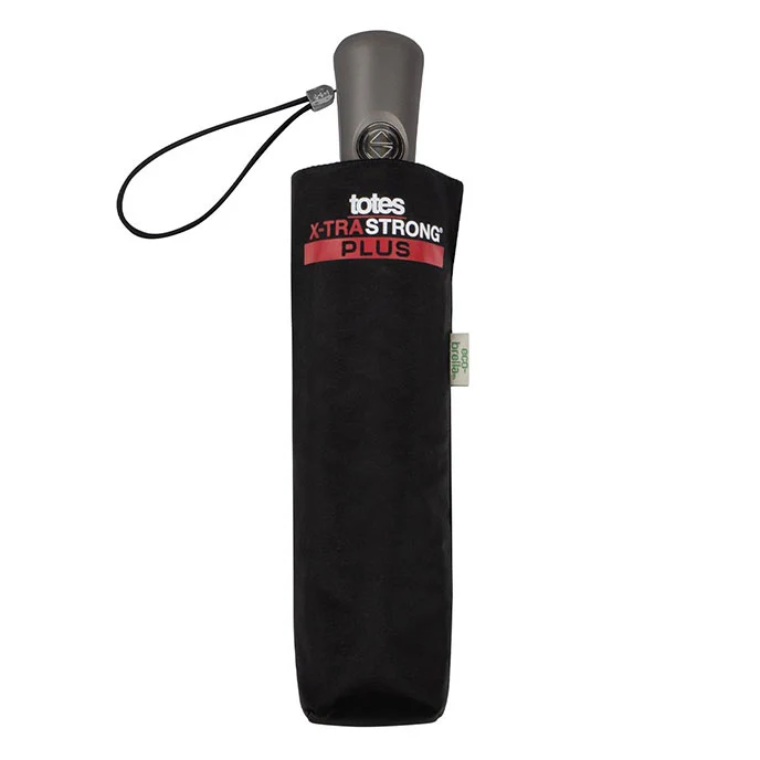Totes ECO X-tra Strong Plus AOC Umbrella - Black | UPF 50+ UV Protection | Anti-Microbial Handle