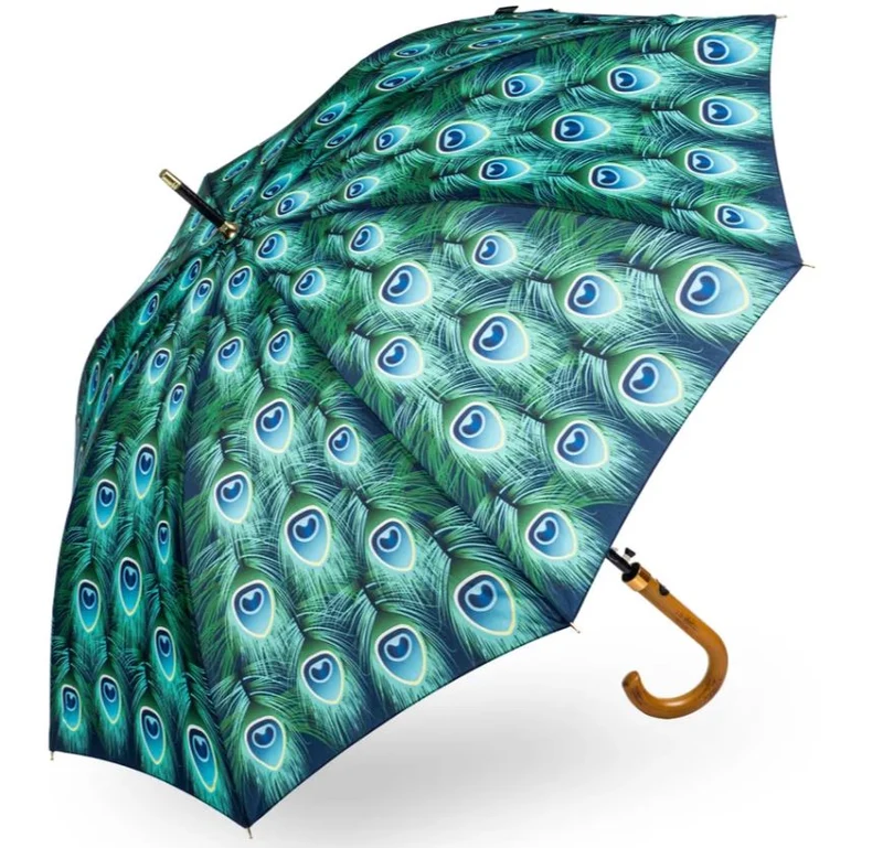StormKing Auto Walking Nature Umbrella - Peacock | Fibreglass Frame | Wood Handle | 100cm