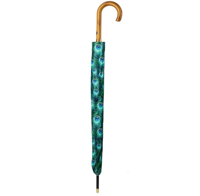 StormKing Auto Walking Nature Umbrella - Peacock | Fibreglass Frame | Wood Handle | 100cm