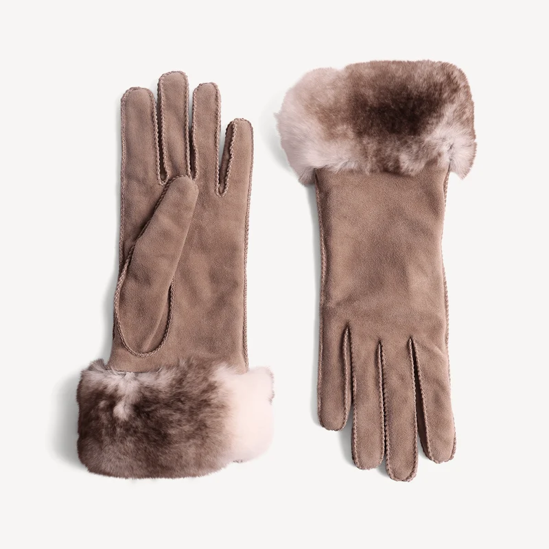 Gants en cuir suédé pour femmes - Crème (garniture en fourrure de lapin)