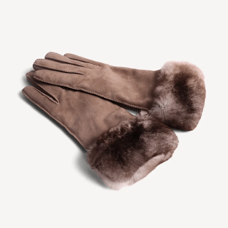 Gants en cuir suédé pour femmes - Crème (garniture en fourrure de lapin)
