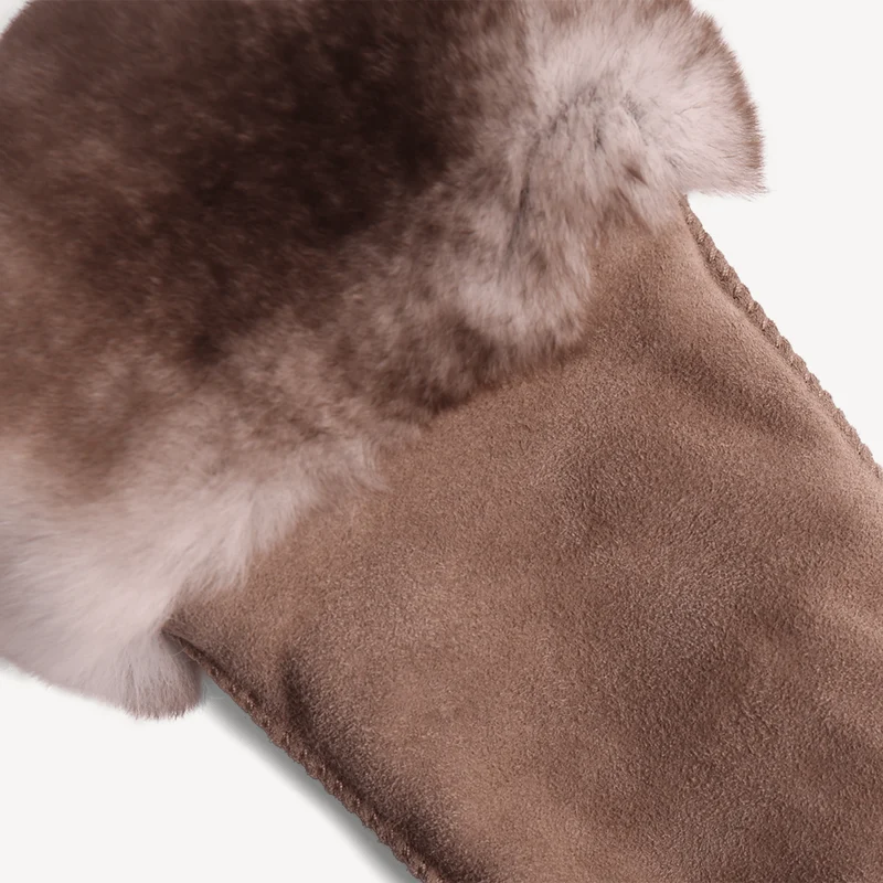 Gants en cuir suédé pour femmes - Crème (garniture en fourrure de lapin)