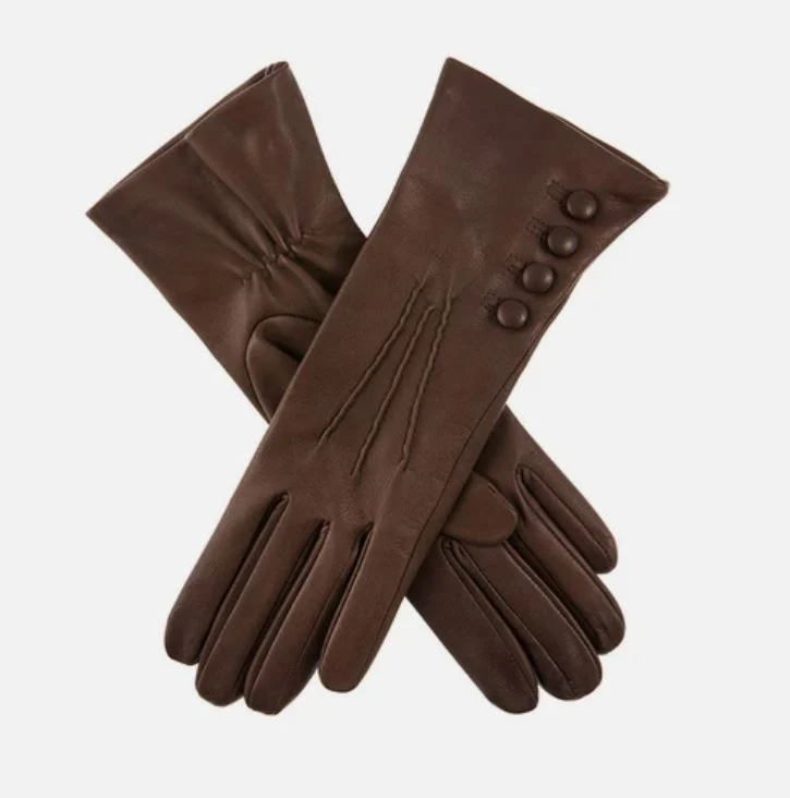 Ladies Mocha 'Rose' Dents Silk Lined Button Detail Leather Gloves - Size 7