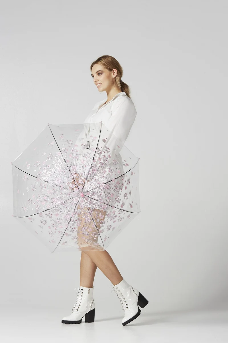 Fulton Birdcage Clear Dome Umbrella - Sketchy Sprigs | Transparent Walking Umbrella | Wind Resistant