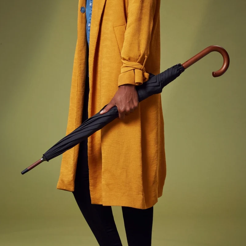 Fulton Kensington Wood Walking Umbrella - Black | Wooden Handle & Shaft | Fibreglass Ribs
