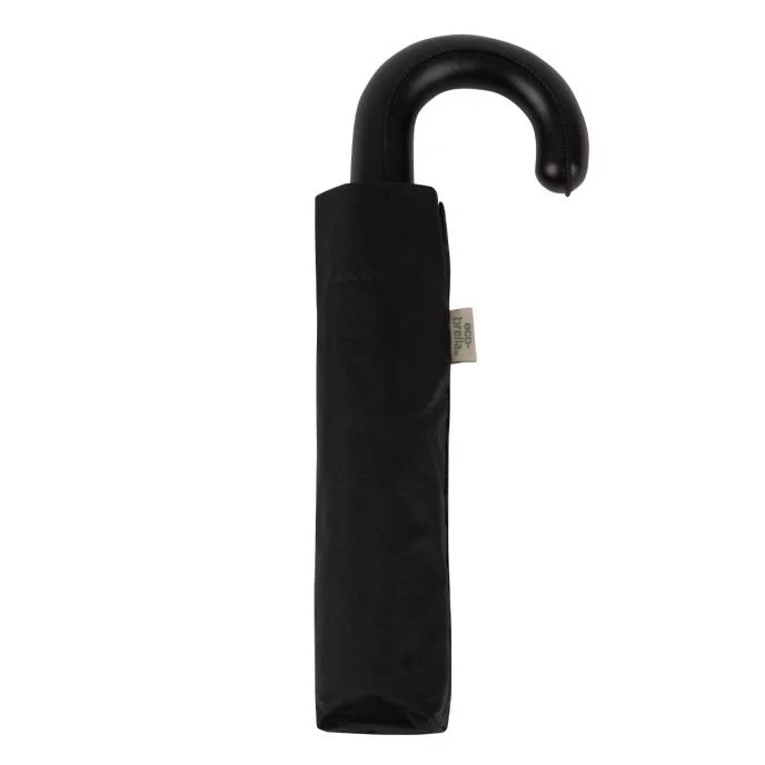 Totes ECO-Brella Leatherette Crook Handle Folding Umbrella - Black | 100% Recycled PET | Classic Style