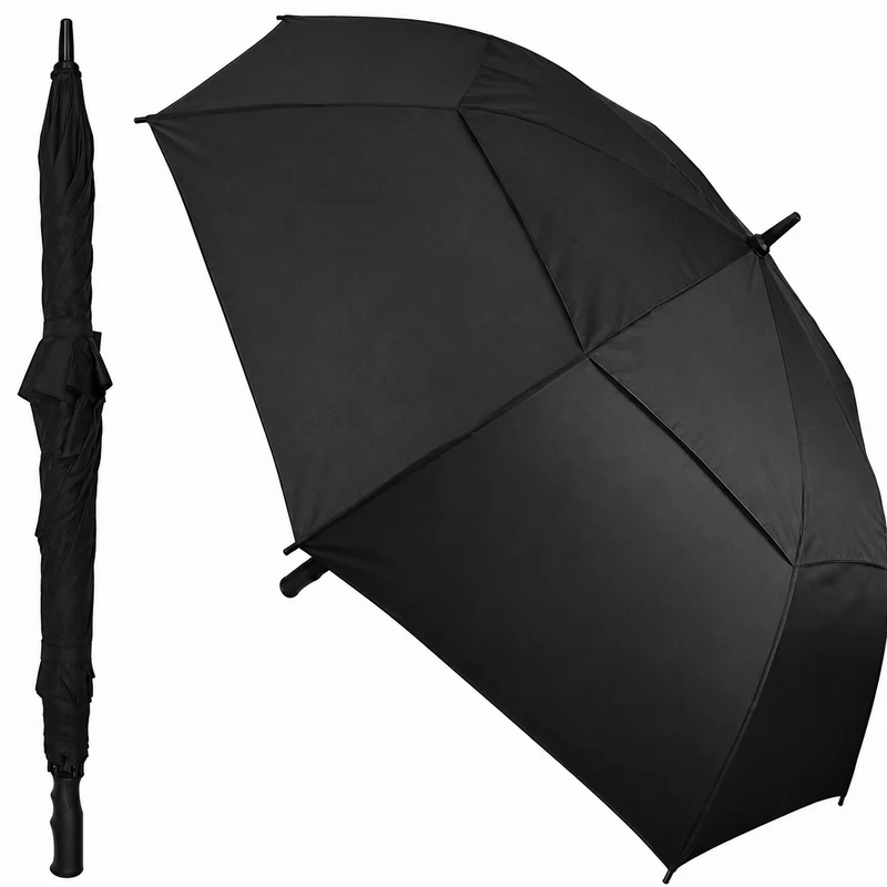 Fibreglass Auto Vented Windproof Golf Umbrella - Black | 136cm Canopy | Wind Resistant