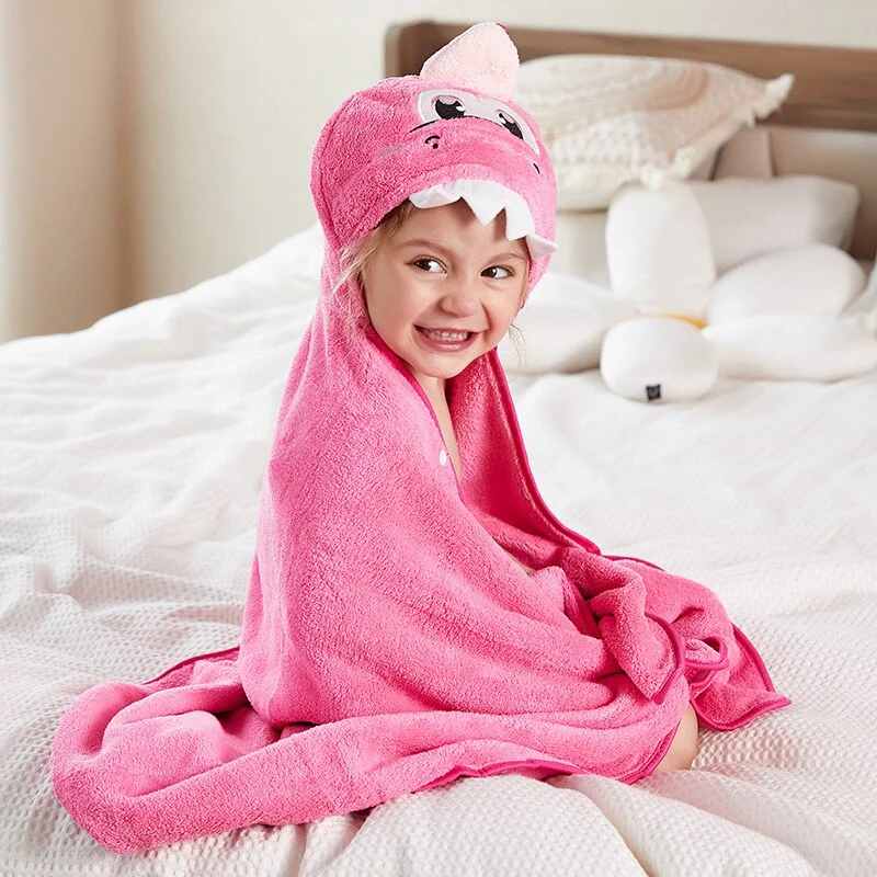 Poncho Bain Enfant Dino Rose