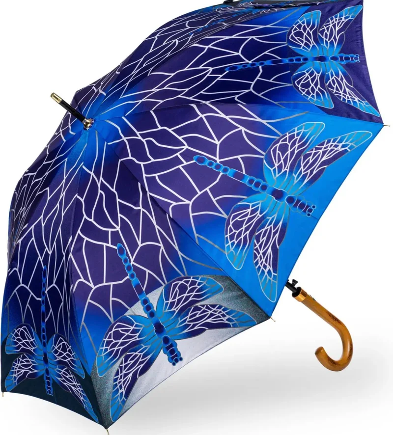 StormKing Auto Walking Nature Umbrella - Stained Glass Dragonfly | Fibreglass Frame | Wood Handle | 100cm