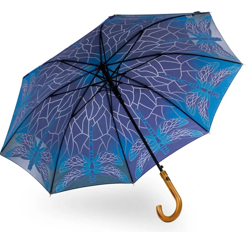 StormKing Auto Walking Nature Umbrella - Stained Glass Dragonfly | Fibreglass Frame | Wood Handle | 100cm
