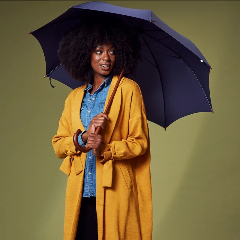 Fulton Kensington Wood Walking Umbrella - Midnight Blue | Wooden Handle & Shaft | Fibreglass Ribs