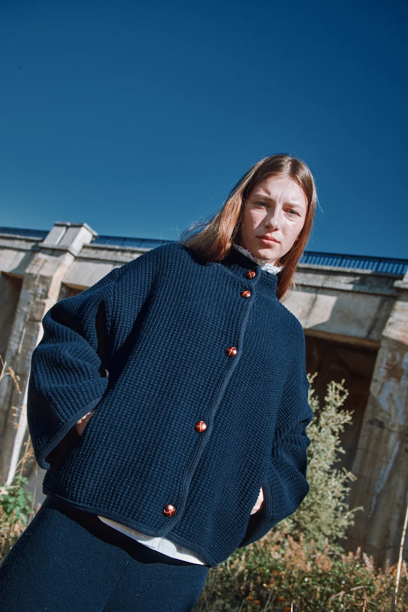 DELPHINE Bell-Sleeve Knit Jacket in Merino Wool - Navy