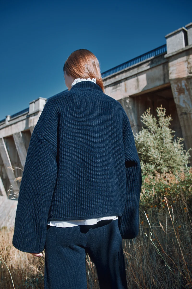 DELPHINE Bell-Sleeve Knit Jacket in Merino Wool - Navy