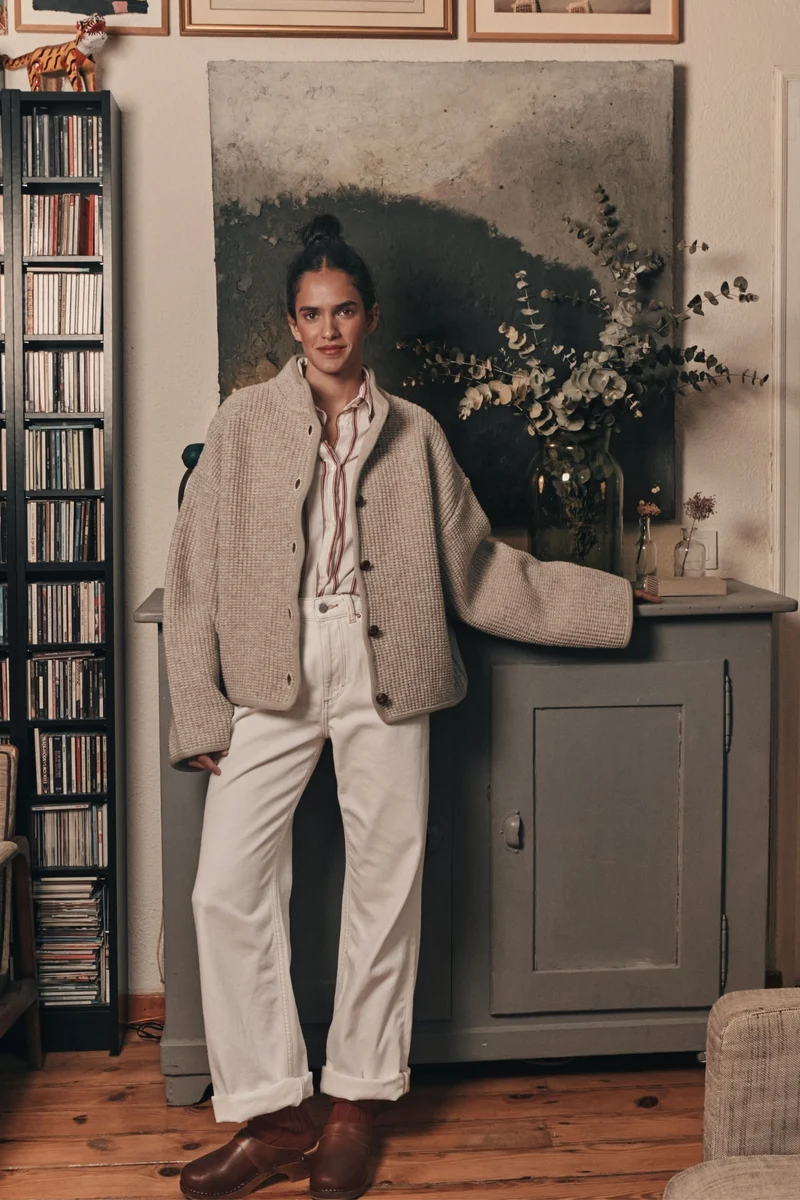 DELPHINE Bell-Sleeve Knit Jacket in Merino Wool - Beige