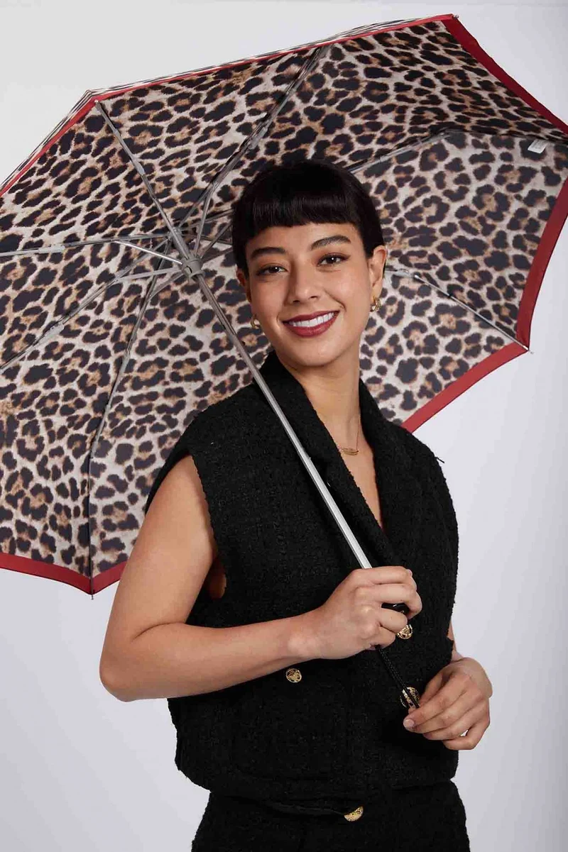 Fulton Tiny Compact Folding Umbrella - Leopard & Pink Border | Pocket Size 15cm | Just 160g