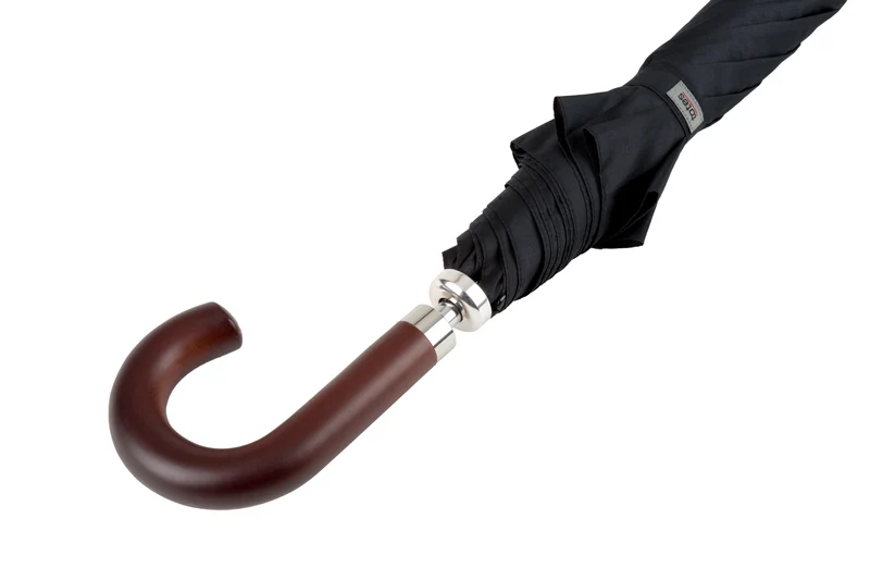 Totes ECO Automatic Walking Umbrella - Black | Wood Crook Handle | ECO Recycled Fabric | 106cm