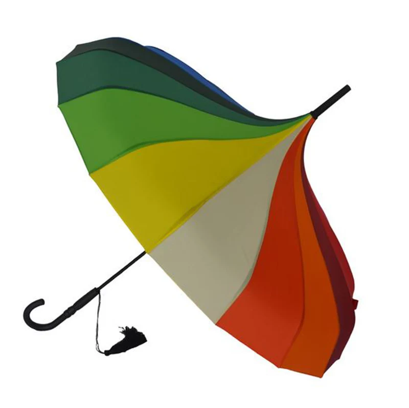 Ladies Pagoda Walking Umbrella with Tassel Detail - Rainbow Colours | 16 Ribs | Vintage Style | 95cm