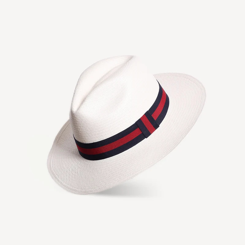 Panama en paille Toquilla - Bande rayée bleu marine et rouge