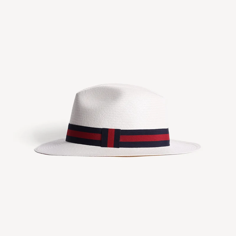 Panama en paille Toquilla - Bande rayée bleu marine et rouge