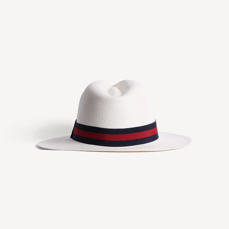Panama en paille Toquilla - Bande rayée bleu marine et rouge