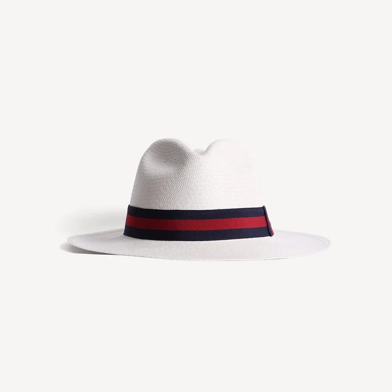 Panama en paille Toquilla - Bande rayée bleu marine et rouge