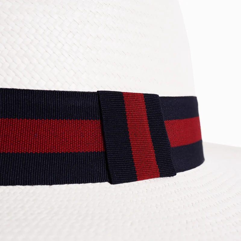 Panama en paille Toquilla - Bande rayée bleu marine et rouge