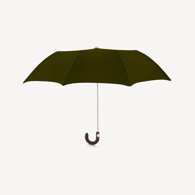 Parapluie pliable avec poignée en cuir tressé - Olive