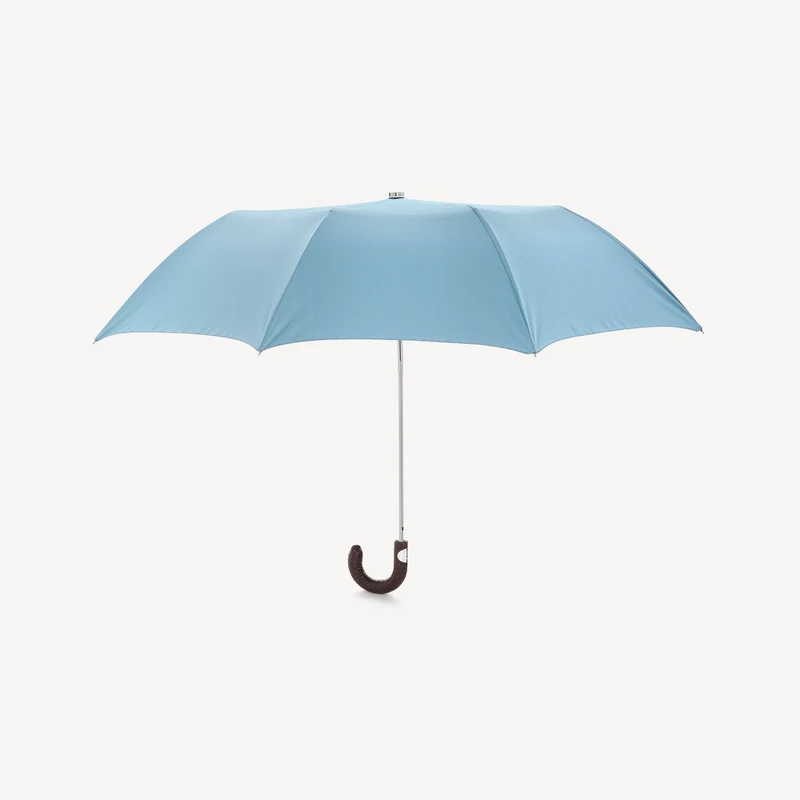 Parapluie pliable avec poignée en cuir tressé - Bleu clair