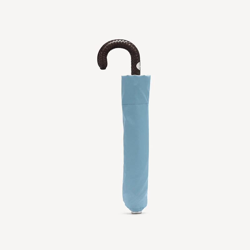 Parapluie pliable avec poignée en cuir tressé - Bleu clair