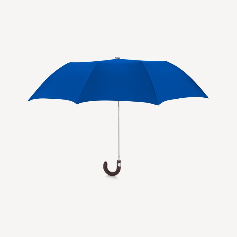 Parapluie pliable avec poignée en cuir tressé - Bleu royal
