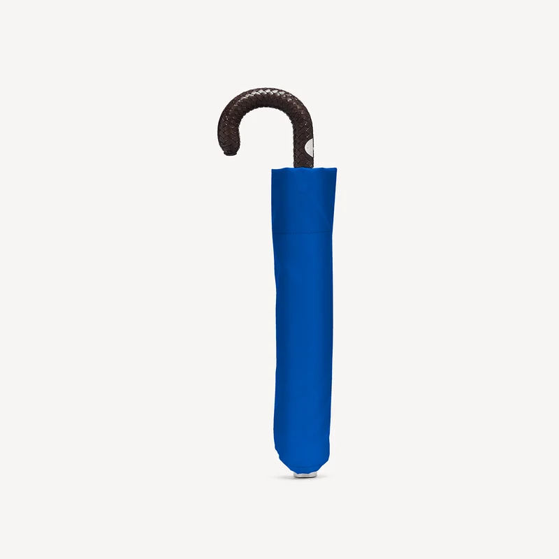Parapluie pliable avec poignée en cuir tressé - Bleu royal