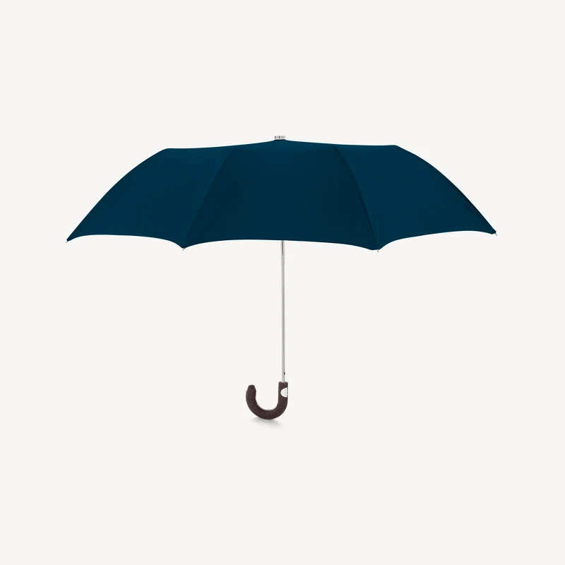 Parapluie pliable à poignée en cuir tressé - Bleu pétrole